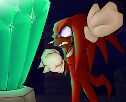 Size: 2048x1649 | Tagged: safe, artist:renegadeknucks, knuckles the echidna, 2024, angry, clenched fist, clenched teeth, crying, dark skin, hand up, looking at something, master emerald, master emerald shrine, nighttime, outdoors, shaking, sharp teeth, side view, solo, standing, tears, tears of anger