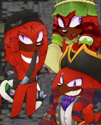 Size: 1648x2048 | Tagged: safe, artist:renegadeknucks, knuckles the echidna, sonic prime, 2023, abstract background, clenched teeth, dark skin, face paint, fangs, frown, gnarly knuckles, knuckles the dread, looking at viewer, looking offscreen, renegade knuckles, scar, self paradox, sharp teeth, smile, standing, trio
