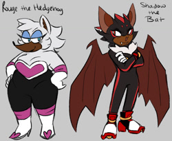 Size: 1031x847 | Tagged: safe, artist:bbgatile, rouge the bat, shadow the hedgehog, bat, hedgehog, 2019, character name, dark skin, duo, english text, fat, flat colors, frown, grey background, hands on hips, lidded eyes, one fang, simple background, size difference, smile, species swap, standing, text