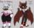 Size: 1031x847 | Tagged: safe, artist:bbgatile, rouge the bat, shadow the hedgehog, bat, hedgehog, 2019, character name, dark skin, duo, english text, fat, flat colors, frown, grey background, hands on hips, lidded eyes, one fang, simple background, size difference, smile, species swap, standing, text