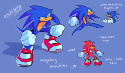 Size: 2048x1204 | Tagged: safe, artist:mintywhisker, knuckles the echidna, sonic the hedgehog, echidna, hedgehog, 2020, blue background, clenched fists, dialogue, duo, english text, frown, mouth open, simple background, species swap, text