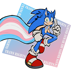 Size: 2500x2500 | Tagged: safe, artist:eloaholiveira, sonic the hedgehog, 2022, beanbrows, cape, ear fluff, face paint, flat colors, looking at viewer, outline, pointing, pride, pride month, running, simple background, smile, solo, trans boy sonic, trans male, trans pride, transgender, transparent background