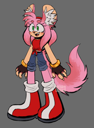 Size: 1441x1970 | Tagged: safe, artist:eloaholiveira, amy rose, 2022, beanbrows, blushing, boots, chinchilla, clothes, cute, denim shorts, ear fluff, eyelashes, fingerless gloves, flat colors, gloves, grey background, looking offscreen, mouth open, pink nose, shirt, shorts, simple background, smile, solo, species swap, standing