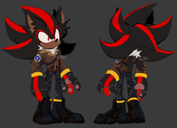 Size: 2878x2078 | Tagged: safe, artist:eloaholiveira, shadow the hedgehog, 2023, alternate outfit, alternate universe, au:zombot, black background, boots, chest fluff, claws, clothes, dark skin, ear fluff, g.u.n logo, gloves off, jacket, looking offscreen, multiple views, pants, pawpads, scar, signature, simple background, solo, standing