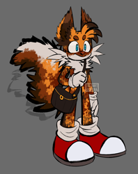 Size: 1536x1939 | Tagged: safe, artist:eloaholiveira, miles "tails" prower, squirrel, 2022, bag, beanbrows, brown nose, chest fluff, ear fluff, fur markings, gloves, grey background, holding something, looking offscreen, red squirrel, shoes, signature, simple background, smile, solo, species swap, standing, tail fluff