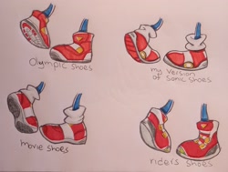 Size: 2959x2236 | Tagged: safe, artist:anazer90, sonic the hedgehog, sonic the hedgehog (2020), 2023, design comparison, english text, mario and sonic at the 2020 olympic games, pencilwork, redesign, shoes, socks, solo, sonic riders, sonic's shoes, text, traditional media, treads