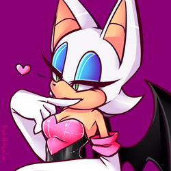 Size: 1600x1600 | Tagged: safe, artist:saikonohero, rouge the bat, 2021, eyelashes, heart, lidded eyes, looking offscreen, purple background, signature, simple background, solo