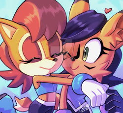 Size: 1024x947 | Tagged: safe, artist:angiethecat, nicole the hololynx, sally acorn, 2025, cute, deviantart watermark, duo, eyes closed, gradient background, heart, hugging, lesbian, nicole x sally, obtrusive watermark, one eye closed, shipping, signature, smile, watermark