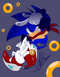 Size: 2557x3277 | Tagged: safe, artist:xxhiroravenxx, sonic the hedgehog, 2026, alternate outfit, alternate universe, bandana, clothes, looking offscreen, pointing, posing, purple background, redesign, ring, signature, simple background, smile, solo