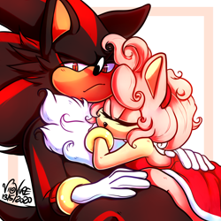 Size: 3500x3500 | Tagged: safe, artist:velvedd, amy rose, shadow the hedgehog, hedgehog, 2020, age difference, amy x shadow, duo, eyes closed, female, frown, holding each other, hugging, looking at viewer, male, shipping, signature, sleeping, straight
