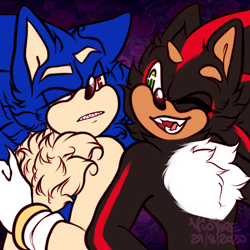 Size: 3500x3500 | Tagged: safe, artist:velvedd, shadow the hedgehog, sonic the hedgehog, 2020, chest fluff, clenched teeth, color swap, duo, ear fluff, eyelashes, flat colors, frown, lidded eyes, looking at each other, mouth open, sharp teeth, smile, standing, wink