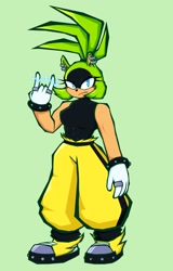 Size: 1310x2048 | Tagged: safe, artist:loneocto, surge the tenrec, 2026, devil horns (gesture), electricity, eyelashes, frown, green background, looking at viewer, simple background, solo, standing