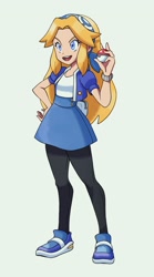 Size: 1135x2048 | Tagged: safe, artist:thenovika, maria robotnik, human, 2026, alternate outfit, clothes, crossover, hand on hip, headscarf, looking offscreen, mouth open, open smile, pokeball, pokemon, smile, solo, standing