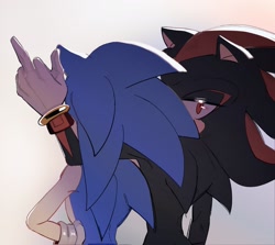 Size: 1901x1699 | Tagged: safe, artist:kyul_lyang, shadow the hedgehog, sonic the hedgehog, 2025, arm around shoulders, duo, from behind, gay, gradient background, lidded eyes, looking at viewer, looking back, looking back at viewer, middle finger, shadow x sonic, shipping, standing