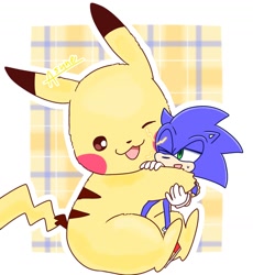 Size: 1508x1638 | Tagged: safe, artist:asune_snare, sonic the hedgehog, 2025, crossover, duo, hug, looking at each other, looking at them, one eye closed, pikachu, plaid background, pokemon, signature, sitting, size difference, smile