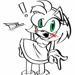 Size: 1280x1280 | Tagged: safe, artist:rollopola, amy rose, 2025, blushing, exclamation mark, line art, looking at viewer, monochrome, mouth open, open smile, signature, simple background, sketch, smile, smiling at viewer, solo, spot color, standing, white background