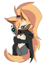 Size: 963x1291 | Tagged: safe, artist:webbedspiders, whisper the wolf, wolf, 2025, hair over one eye, hand on arm, lidded eyes, looking at viewer, simple background, solo, standing, transparent background