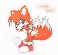 Size: 700x657 | Tagged: safe, artist:bitchwolf, miles "tails" prower, fox, 2007, classic tails, eyelashes, female, gender swap, looking at viewer, simple background, smile, smiling at viewer, solo, traditional media, white background