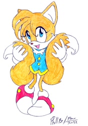 Size: 666x954 | Tagged: safe, artist:phi2studios, miles "tails" prower, oc, oc:miette prower, fox, 2007, clothes, dress, female, gender swap, holding something, holding tail, mouth open, open smile, signature, simple background, smile, smiling at viewer, solo, standing, traditional media, white background