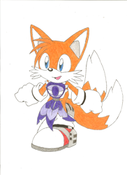 Size: 1700x2338 | Tagged: safe, artist:spitfirelex, miles "tails" prower, sonic adventure, 2008, clenched fists, jet anklet, looking offscreen, mouth open, rhythm badge, simple background, smile, solo, standing, traditional media