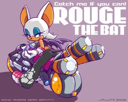 Size: 800x640 | Tagged: safe, artist:j-fujita, rouge the bat, sonic riders: zero gravity, 2008, ark of the cosmos, character name, english text, extreme gear, female, holding something, lidded eyes, purple background, shadow (lighting), simple background, sitting, smile, solo, text, vehicle