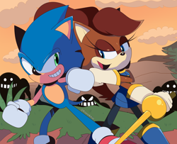 Size: 2400x1952 | Tagged: safe, artist:kitarehamakura, sally acorn, sonic the hedgehog, chipmunk, hedgehog, 2020, duo, evening, female, fistbump, holding something, idw style, male, robot, sally x sonic, sword, weapon