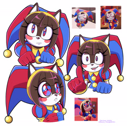 Size: 2048x2048 | Tagged: safe, artist:kanayanga, hedgehog, 2024, :/, :<, barely sonic related, blushing, eyebrow clipping through hair, frown, mobianified, pomni (the amazing digital circus), redraw, simple background, smile, solo, the amazing digital circus, white background