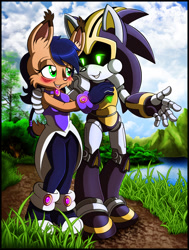 Size: 1232x1628 | Tagged: safe, artist:zeiram0034, nicole the hololynx, shard the metal, lynx, 2019, duo, hand on another's shoulder, hololynx, outside, robot, shardicole, shipping, straight, walking