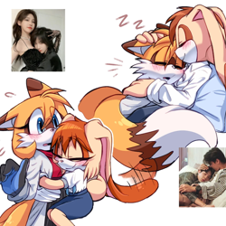 Size: 1440x1440 | Tagged: safe, artist:_ra_fox_, cream the rabbit, miles "tails" prower, 2025, aged up, blushing, cream x tails, duo, floppy ears, gay, gender swap, half r63 shipping, hugging, lesbian, reference inset, shipping, sleeping, zzz