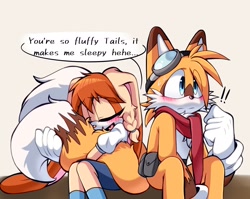 Size: 2048x1628 | Tagged: safe, artist:_ra_fox_, cream the rabbit, miles "tails" prower, 2025, aged up, blushing, cream x tails, cute, dialogue, duo, embarrassed, english text, eye clipping through hair, eyebrow clipping through hair, eyes closed, eyewear on head, frown, fur markings, goggles, goggles on head, grey background, happy, holding something, holding tail, hugging, hugging tail, looking offscreen, scarf, shipping, simple background, sitting, smile, speech bubble, straight, talking, text