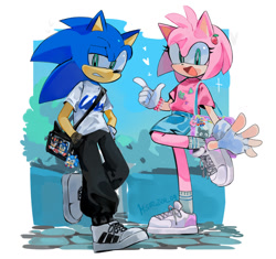 Size: 1150x1080 | Tagged: safe, artist:misumizuwu, amy rose, sonic the hedgehog, 2025, alternate outfit, bag, clothes, duo, frown, hands in pocket, heart, looking at viewer, pants, shirt, shoelaces, skirt, smile, sneakers, sparkles