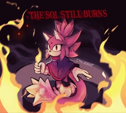 Size: 2048x1833 | Tagged: safe, artist:ctrl-z, blaze the cat, 2025, alternate outfit, alternate universe, au:outcome memories, english text, fire, flame, looking at viewer, poncho, signature, solo, text