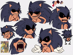 Size: 2048x1536 | Tagged: safe, artist:duckfriend0, sonic the hedgehog, oc, oc:lord x, oc:sonic.exe, 2025, alternate universe, au:outcome memories, black sclera, bleeding, bleeding from eyes, blood, checkered background, color palette, flat colors, frown, reference inset, scar, sharp teeth, shrugging, smile, solo