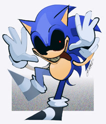 Size: 572x671 | Tagged: safe, artist:firerex, sonic the hedgehog, oc, oc:2011x, oc:sonic.exe, 2025, alternate universe, au:outcome memories, black sclera, black shoes, looking at viewer, signature, smile, solo, standing, standing on one leg, tongue out