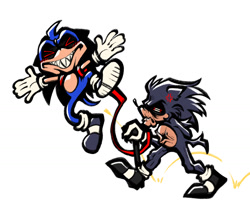 Size: 1280x1032 | Tagged: safe, artist:uprisist, sonic the hedgehog, oc, oc:2011x, oc:lord x, oc:sonic.exe, 2025, aged up, alternate universe, arms out, au:outcome memories, black sclera, black shoes, cross popping vein, duo, eyes closed, frown, harness, holding something, looking at them, mid-air, scar, self paradox, sharp teeth, simple background, smile, treads, walking, walking cane, white background