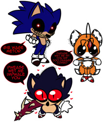 Size: 1490x1750 | Tagged: safe, artist:crazymelimelo, sonic the hedgehog, tails doll, oc, oc:2011x, oc:kolossos, oc:sonic.exe, oc:tripwire, hedgehog, 2025, adorascary, agender, alternate universe, au:outcome memories, black sclera, black shoes, bleeding, bleeding from eyes, blood, chibi, dialogue, english text, flat colors, heart, looking at viewer, male, simple background, speech bubble, standing, stuffed animal, talking, talking to viewer, text, trio, white background