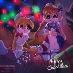 Size: 1080x1081 | Tagged: safe, artist:bunnyiebon, cream the rabbit, tails doll, oc, oc:tripwire, rabbit, 2025, abstract background, agender, alternate universe, au:outcome memories, bow, chest fluff, christmas, christmas decorations, christmas lights, christmas outfit, christmas tree, claws, creamabetes, cross popping vein, cute, dress, duo, english text, eyelashes, female, indoors, literal animal, looking at them, nighttime, no mouth, present, signature, sitting, smile, snow, snowing, tails dollbetes, text, wall of tags, window