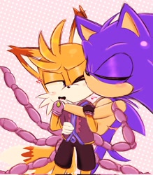 Size: 1795x2048 | Tagged: safe, artist:nothingst13, miles "tails" prower, nine, sonic the hedgehog, 2024, age difference, blushing, chibi, chu, cross popping vein, cute, duo, eyes closed, gay, heart, holding them, kiss, kiss on cheek, nine x sonic, one eye closed, scar, sfx, shipping, sonic x tails, standing, top surgery scars, trans male, transgender