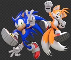 Size: 752x632 | Tagged: safe, artist:garbonzobeanguy, miles "tails" prower, sonic the hedgehog, 2026, 3d, checkered background, clenched fists, duo, looking at viewer, mid-air, posing, smile, smiling at viewer, treads, v sign