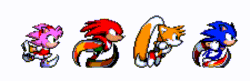 Size: 1280x414 | Tagged: safe, artist:melohrush, amy rose, knuckles the echidna, miles "tails" prower, sonic the hedgehog, 2026, animated, gif, group, infinite loop, pixel art, running, simple background, spinning tails, sprite, team sonic, white background