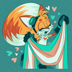 Size: 2000x2000 | Tagged: safe, artist:son1c, miles "tails" prower, 2025, beanbrows, blue tongue, cute, eyes closed, eyewear on head, freckles, fur markings, goggles, heart, holding something, one fang, pride, pride flag, simple background, smile, solo, tailabetes, trans boy tails, trans male, trans pride, trans visibility day, transparent background