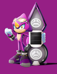 Size: 1582x2048 | Tagged: safe, artist:rcamayastudios, espio the chameleon, 2026, clenched fist, extreme gear, eyewear on head, frown, glasses, holding something, looking at viewer, purple background, shadow (lighting), signature, simple background, solo, sonic riders, standing