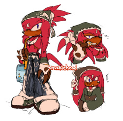 Size: 1394x1369 | Tagged: safe, artist:knuckie-head, knuckles the echidna, 2026, alternate outfit, bag, clothes, crucifix, exclamation mark, frown, gold tooth, green shoes, grey background, headscarf, looking at viewer, looking offscreen, necklace, pants, scar, simple background, solo, surprised, tan skin, top surgery scars, topless, trans boy knuckles, trans male, transgender