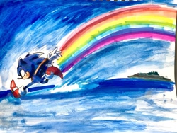 Size: 2048x1536 | Tagged: safe, artist:chocosun4ever, sonic the hedgehog, 2026, arms out, island, looking offscreen, rainbow, running, running on water, side view, smile, solo, treads, water, watercolor