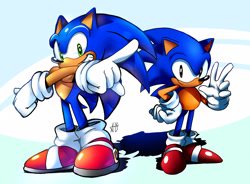 Size: 2047x1507 | Tagged: safe, artist:chocosun4ever, sonic the hedgehog, 2026, arms folded, classic sonic, clenched fist, duo, hand on hip, looking at viewer, pointing, posing, self paradox, shadow (lighting), signature, smile, smiling at viewer, standing, treads, v sign