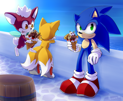 Size: 1456x1195 | Tagged: safe, artist:akusuru, chip, miles "tails" prower, sonic the hedgehog, sonic unleashed, 2013, abstract background, daytime, flying, food, holding something, ice cream, leaning, leaning back, looking at something, looking offscreen, mid-air, ocean, outdoors, smile, standing, sun, tongue out, trio