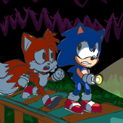 Size: 1500x1500 | Tagged: safe, artist:flameeliwood, miles "tails" prower, sonic the hedgehog, sonic the hedgehog 2, 2015, abstract background, classic sonic, classic tails, clenched teeth, duo, flashlight, flat colors, holding something, mystic cave zone, outdoors, scared, sketch, standing, walking