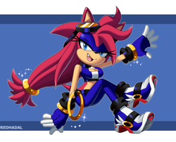 Size: 1400x1131 | Tagged: safe, artist:redhadal, oc, oc:scarlet the hedgehog, hedgehog, 2025, eyelashes, eyewear on head, goggles, goggles on head, lidded eyes, looking at viewer, mouth open, oc only, open smile, outline, ring, signature, smile, smiling at viewer, solo, sparkles
