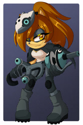 Size: 1280x1922 | Tagged: safe, artist:lynxyfluffybuns, oc, oc:keyara the hedgehog, hedgehog, 2025, border, cosplay, diamond cutters outfit, eyelashes, frown, hair up, looking at viewer, mask, oc only, one eye closed, outfit swap, ponytail, solo, standing, whisper's mask, wispon