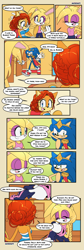Size: 1192x3528 | Tagged: safe, artist:risziarts, bunnie rabbot, sally acorn, sonic the hedgehog, chipmunk, hedgehog, rabbit, 2024, alternate hairstyle, alternate outfit, comic, dialogue, english text, female, greeting, king sonic, male, ponytail, queen sally acorn, sally x sonic, shipping, speech bubble, straight, trio